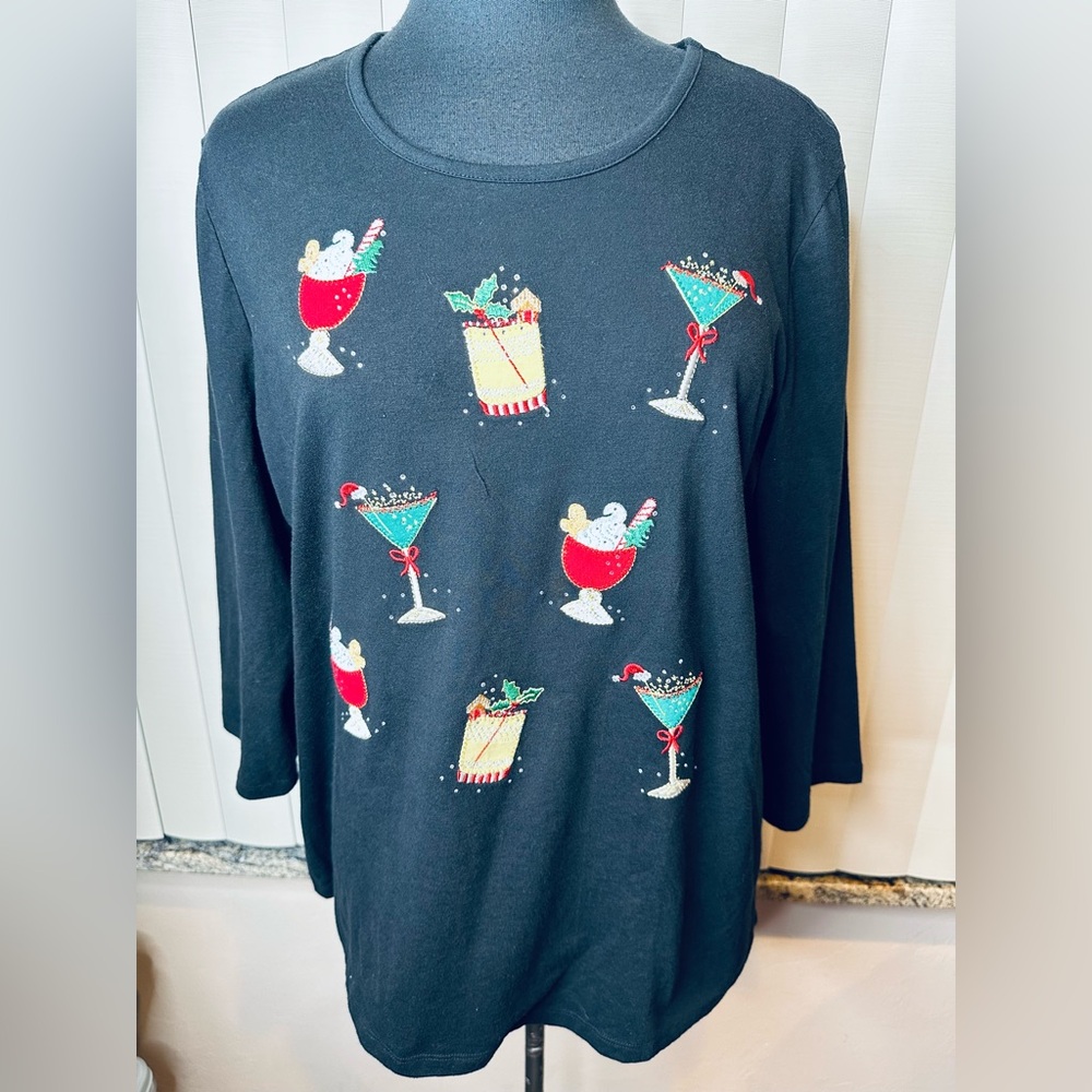 Coral Bay Black Top Cocktail Embroidered Artsy Festive Design Plus Woman Size XL